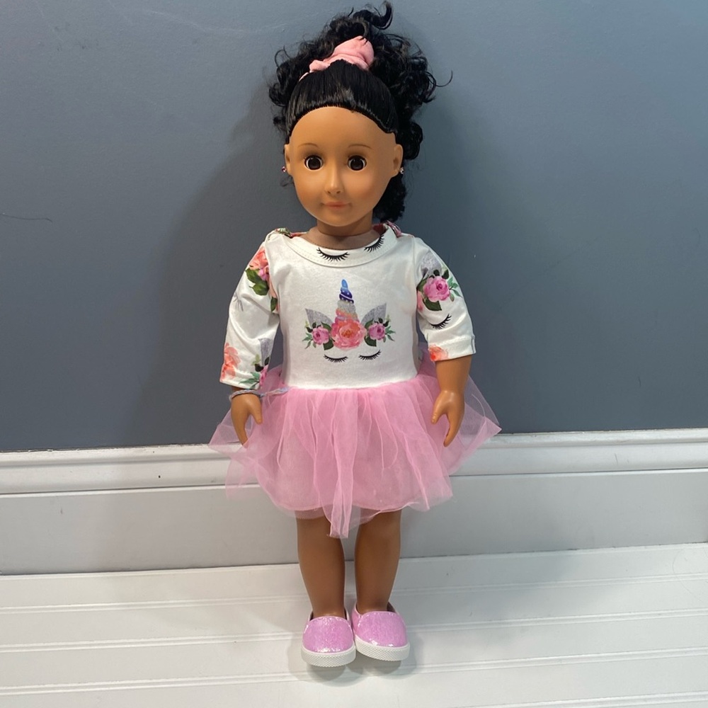 Unicorn dress with sparkly pink shoes for American girl dolls
